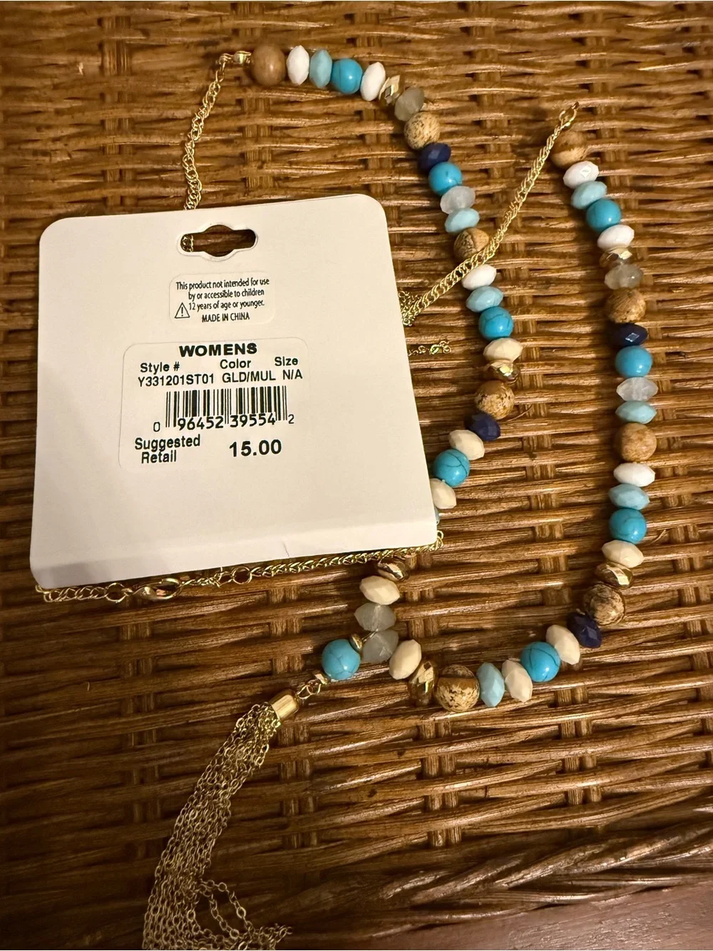 NWT Ashley Cooper Turquoise and Gold Bead Tassel Necklace and Earring Set